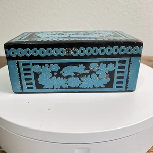 Vintage Lack Holz Schatulle blaue Blumen Hasen Handarbeit Olinalá Mexico - Bild 1 von 11