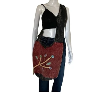 Slouchy Bohemian Shoulder Crossbody Stonewashed Cotton Crafted Red Black Bag - Picture 1 of 14