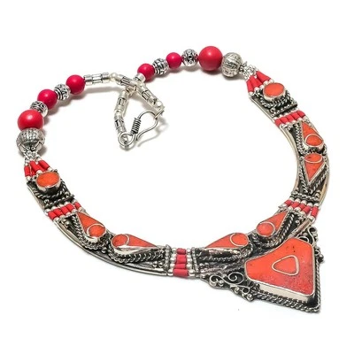 Collar Coral Rojo Tibetano Plata Dije Cuentas Hecho a Mano Joyería Baho 18" NN 5284 Foto 1 de 4