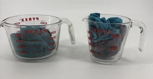 SET: Vintage Pyrex 532 Glas rote Buchstaben J Griff 1 Quart 32 Unzen & 16 Unzen Pyrex - Bild 1 von 9