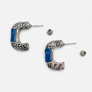 Pendientes romanos vintage RMN plata azul mármol poste aro filigrana - Imagen 1 de 6