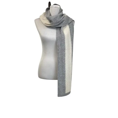 TALBOTS 100% Cashmere Cable Knit Scarf 66” X 9” Gray Cream Stripe NWT - Image 1 of 4