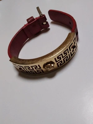 VERSACE Sunburst 徽标板手镯,皮革和金属,红色,来自日本,y9065 — 第 1/4 张图片