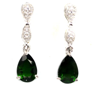 Unheated 7 x 10 MM. Green Chrome Diopside & Cubic Zirconia Earrings 925 Silver - Image 1 of 4