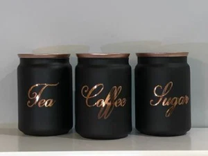 Black Tea Coffee Sugar Canister Set Shown with Rose Gold Lids - Picture 1 of 5