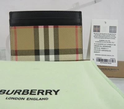 BURBERRY SANDON BEIGE CHECK  BLACK COATED CANVAS LTH  LOGO CARD HOLDER WALLET - Image 1 of 4