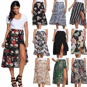 Ladies Floral Summer Beach Holiday High-waist Split Skirt Chiffon Retro Bohemia - Picture 1 of 68