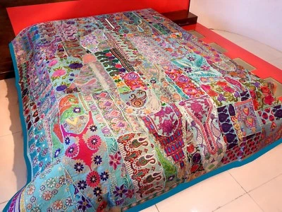 Colcha de retazos vintage bordada a mano cubierta de cama cortina colgante de pared Foto 1 de 4