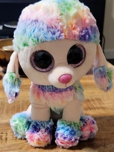 Ty Beanie Boos Rainbow The Poodle Dog 9.25" Tie Dye Glitter Eyes 2017 - Picture 1 of 6