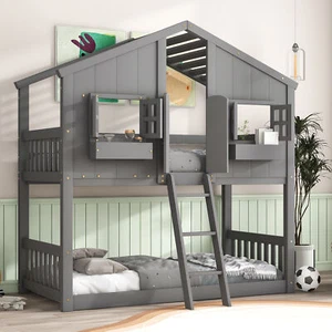 Twin/Twin House Bunk Bed with Roof Window Door Safety Guardrails & Ladder 00068 - Picture 1 of 9