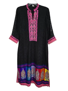 Yasmeen Arif Damen bestickt Pailletten Perlen Spitzenärmel indisches Kurta Kleid - Bild 1 von 13