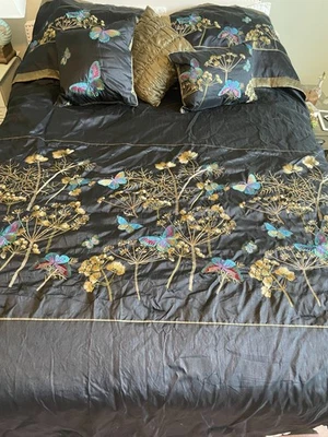 King Black Multi Embroidered Butterflies Comforter Shams Decorator PiIlows set - Image 1 of 4