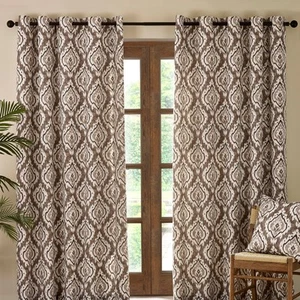 Pineapple Elephant Suri Geo Diamond Motif Lined Eyelet Curtains Pair Natural - Picture 1 of 50