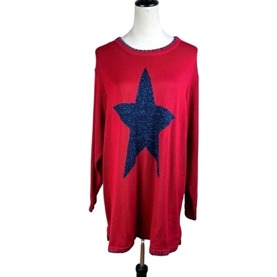 Quacker Factory Plus 1X Red Knit Navy Sparkle Stars Crew Neck LongSleeve Sweater - Image 1 of 4