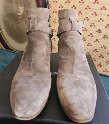 SAINT LAUREN Blake 棕褐色绒面革踝扣焦特布尔粗跟靴 40EU/9US — 第 1/4 张图片