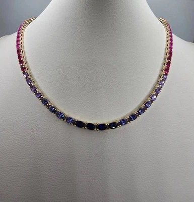Collar para mujer de 18" con zafiro arco iris creado en laboratorio de oro amarillo de 14 quilates sobre tenis Foto 1 de 4