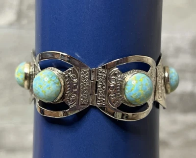 PULSERA DE COLECCIÓN MÉXICO Plata de Ley PANEL ANCHO ESLABÓN Azul Ovalado Turquesa Cabujón Foto 1 de 4