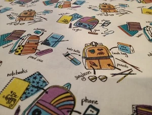 Teen Tween Cotton Fabric Remnant School Print Backpack on White 11 x 44 - Picture 1 of 2