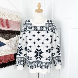 Barefoot Dreams Cozy Chic Seaside Crew Neck Fair Isle Sweater Cream Black Sz M - Picture 1 of 8