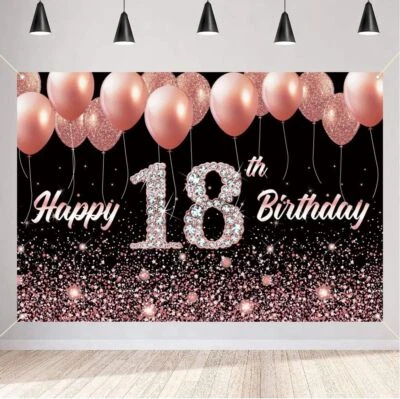 Happy 18th Birthday Backdrop Banner for Girl 18 Years Old Fabric Sign Poster Pa - Image 1 of 4
