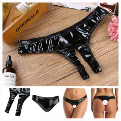 Sexy Damen Dessous Wetlook Mini Briefs Slips Schritt offen Bikini Unterwäsche - Bild 1 von 2