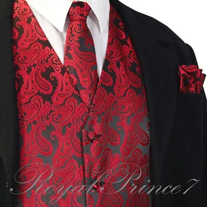 BLACK RED Paisley Tuxedo Suit Dress Vest Waistcoat & Neck tie and Pocket Square  - Picture 1 of 3