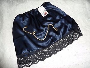 NAVY BUE shiny SATIN black lace waist HALF SLIP petticoat 4 lengths 6 sizes