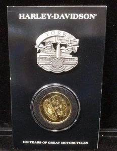 NOW NEW MOTOCYCLE BIKE Harley Davidson 100th Anniversary Pin & Coin Set York - Picture 1 of 5