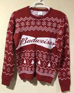 Budweiser Men Knit Ugly Christmas Xmas Sweater Red White Sz Med NWT y8 - Picture 1 of 4