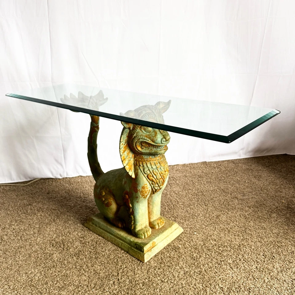 Mesa consola superior de vidrio Foo Dog resina chinoiserie vintage Foto 1 de 1