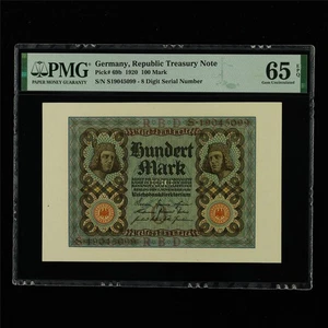 1920 Germany Republic Treasury Note 100 Mark Pick#69b PMG 65 EPQ Gem UNC - Picture 1 of 4