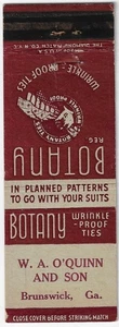 Vintage Matchbook Cover W A O'Quinn and Son Brunswick GA Botany Ties FS - Picture 1 of 3