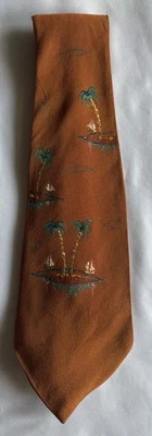 Vintage Necktie Hand Painted Palm Trees, Island Brown, Turquoise Men’s Tie 51x4 - Image 1 of 4