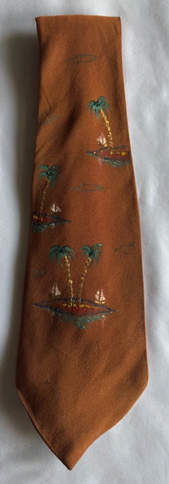 Corbata vintage pintada a mano palmeras, marrón isla, turquesa corbata para hombre 51x4” Foto 1 de 4