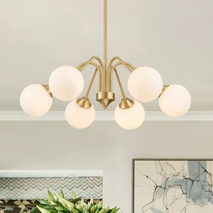 Mid Century Modern Gold Chandelier Milk Glass Ball Sputnik Ceiling Light Fixture - Picture 1 of 12