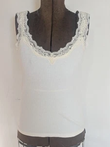 J Crew Damen Coquette Spitzenbesatz Tank Top Gr. L elfenbein gerippt zierlich feminin - Bild 1 von 10