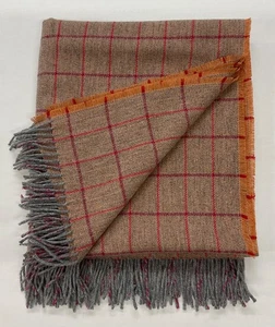 PURE WOOL Fringed Throw/Blanket/UK WOVEN.Orange/Grey, Red/Cerise Over Check. - Picture 1 of 1