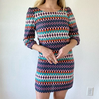 Mini Vestido Estampado Geométrico Búho Rosa Multicolor Talla Pequeña Zig Zag Ligero Foto 1 de 4