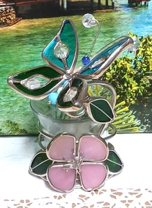 Schmetterling und Blume Buntglas und Perlen Teelicht Kerzenhalter - Bild 1 von 8