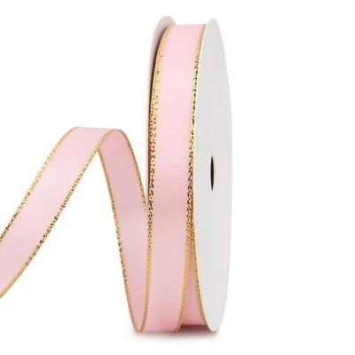 Pink Satin Ribbon with Gold Edge 3/8 inch x 50 Yards for Gift Wrapping Bows - Image 1 of 4