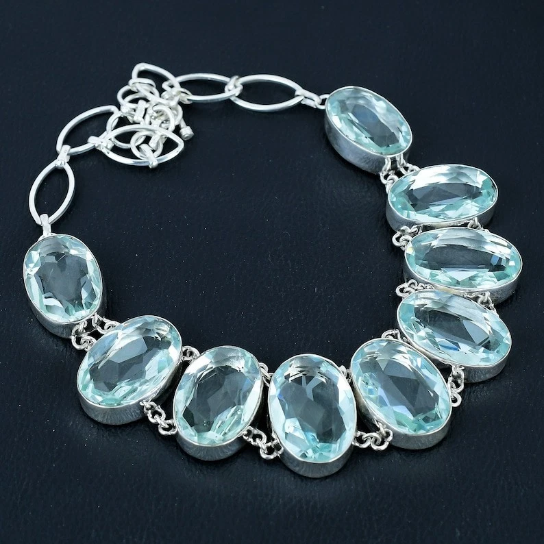 Aqua Aquamarine Gemstone 925 Sterling Silver Jewelry Necklace Size-17-18" - Image 1 of 4
