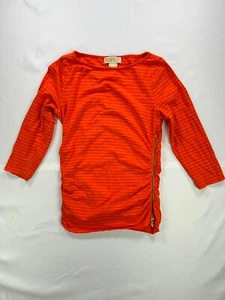 Women's Orange Stripe Michael Kors Ruched Side Zip Short Sleeve Shirt Size SP - Picture 1 of 5