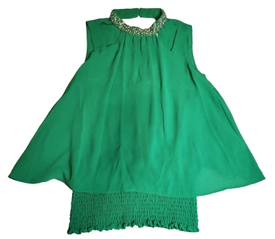 XOXO Womens Blouse Sz S Green Pearl Sequins Collar Cutout Shoulders Smocking - Image 1 of 4