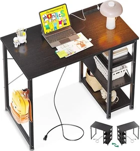 Computer Desk with Power Outlets,Home Office Desk with 3 Storage Shelves - Picture 1 of 7
