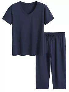 Women's Cotton Pajamas Set Tops and Capri Pants Sleepwear M Navy - Picture 1 of 6