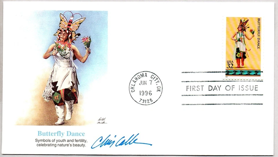 #3073 NATIVE AMERICAN INDIAN BUTTERFLY DANCE FDC DESIGNER CHRIS CALLE SIGNED - Image 1 of 1