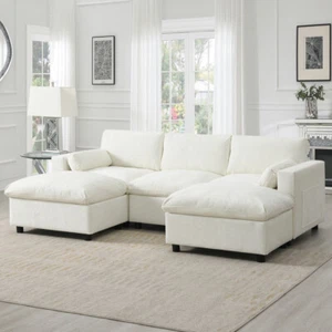 U-Shaped 5-Seat Chenille Sectional Sofa w/Storage Pockets & 2 Ottomans - Picture 1 of 20