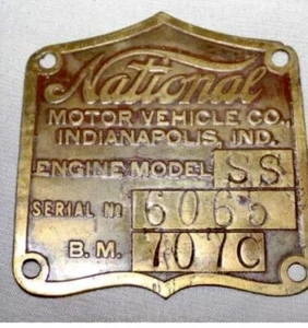 1908-1912 National Motor Vehicle Co Brass Serial Data Tag Emblem - Picture 1 of 2