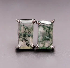 Natural Moss Agate Octagon Studs Earrings 925 Sterling Silver Oxidized Jewelry  - Picture 1 of 9