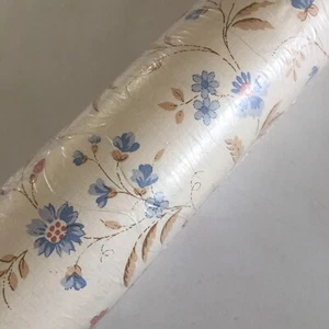 Vtg Beige Blue Floral Wall Covering Cottage Core 20 1/2" X 33' Double Roll - Picture 1 of 7